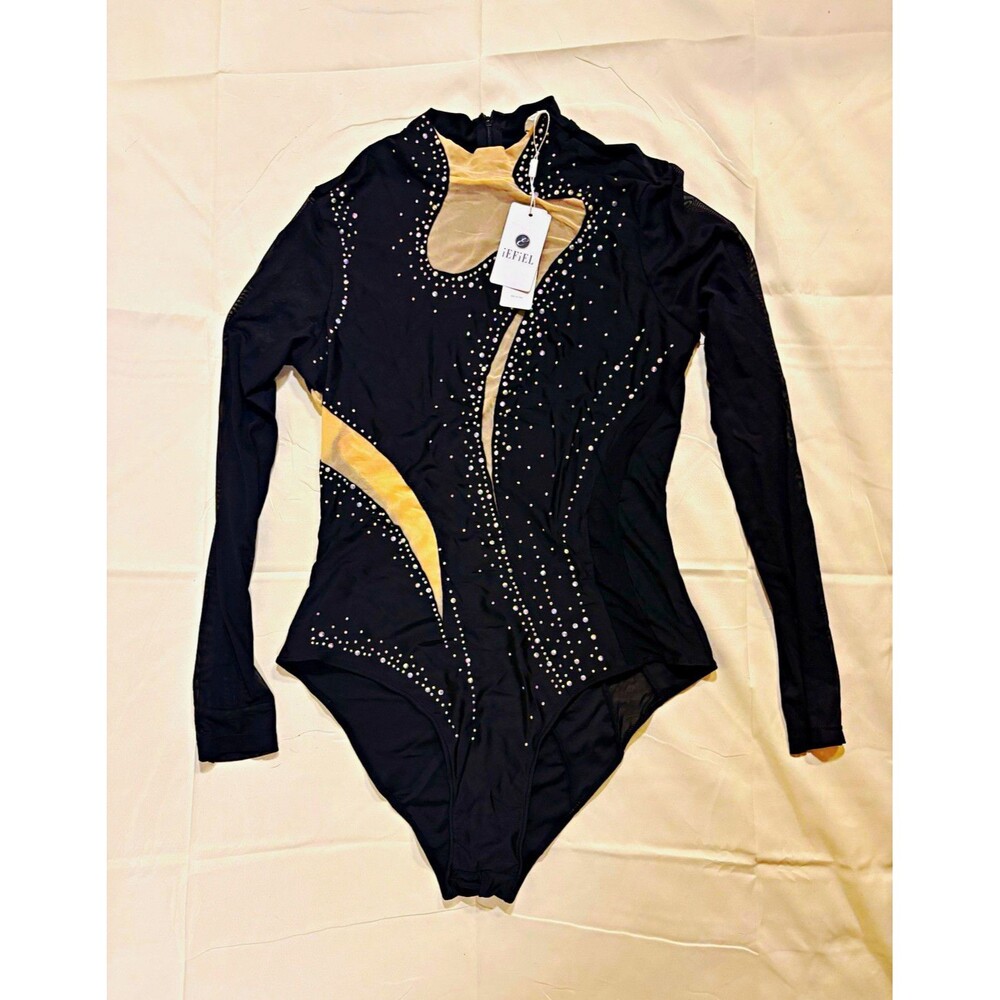 iEFiEL Women’s Black Long Sleeve Mesh Rhinestone Leotard Unitard Size L